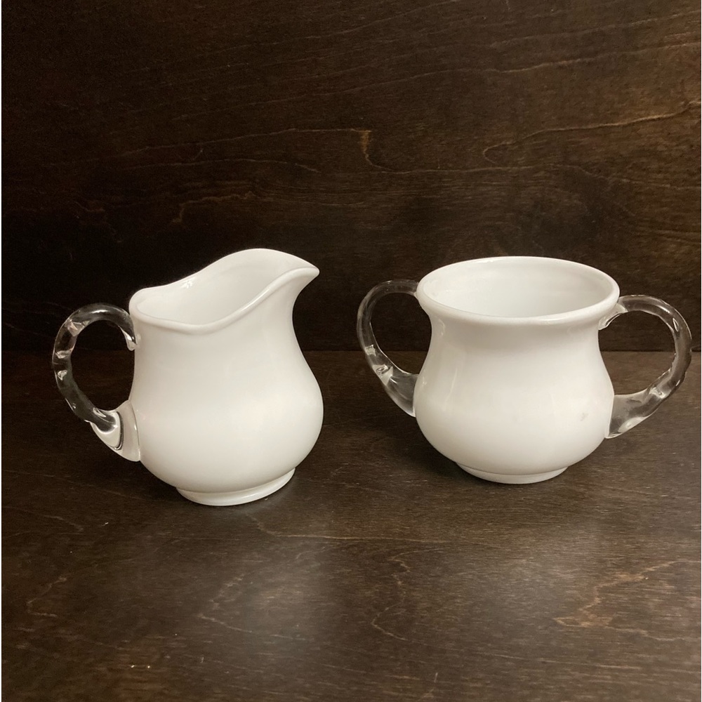 Vintage milk glass sugar/creamer set with clear handles